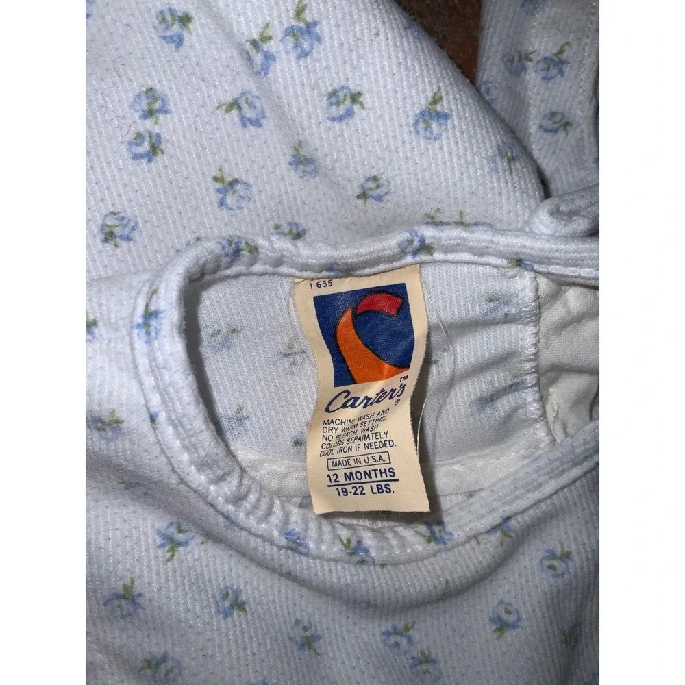 Vintage Carter's White Blue Floral Sleeveless Romper Overalls Size 12M